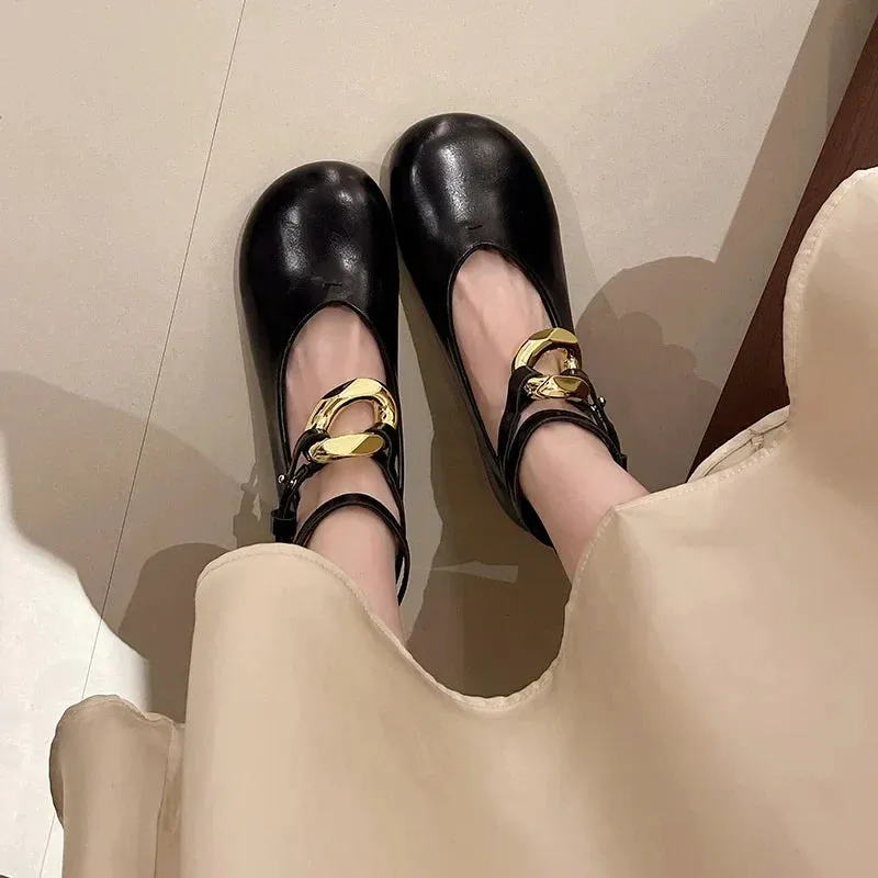 binfenxie  -  2024 New Designer Women Ballet Flats Ankle Strap Mary Jane Shoes Ladies Round Toe Metal Ring Flat Shoes Retro Casual Loafers