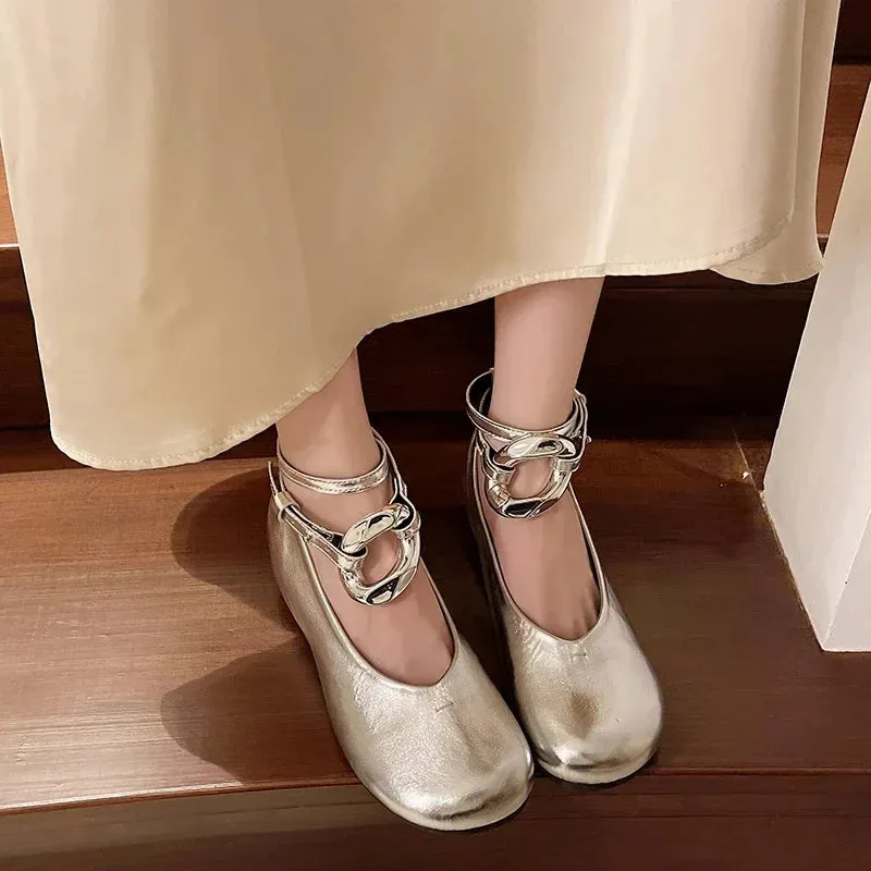 binfenxie  -  2024 New Designer Women Ballet Flats Ankle Strap Mary Jane Shoes Ladies Round Toe Metal Ring Flat Shoes Retro Casual Loafers