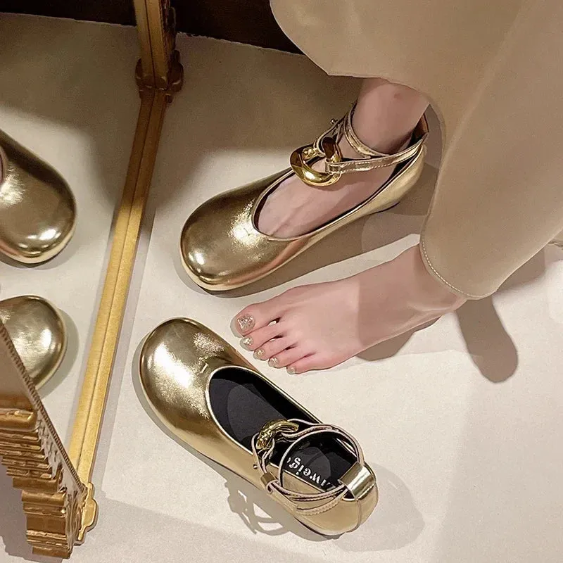 binfenxie  -  2024 New Designer Women Ballet Flats Ankle Strap Mary Jane Shoes Ladies Round Toe Metal Ring Flat Shoes Retro Casual Loafers