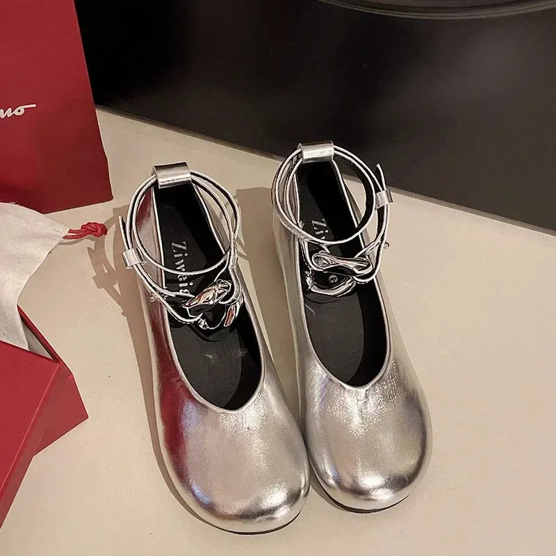 binfenxie  -  2024 New Designer Women Ballet Flats Ankle Strap Mary Jane Shoes Ladies Round Toe Metal Ring Flat Shoes Retro Casual Loafers